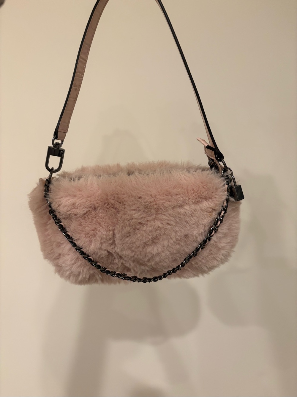 Guess Faux Fur Shoulder Bag in Blush Pink with Chain Accent